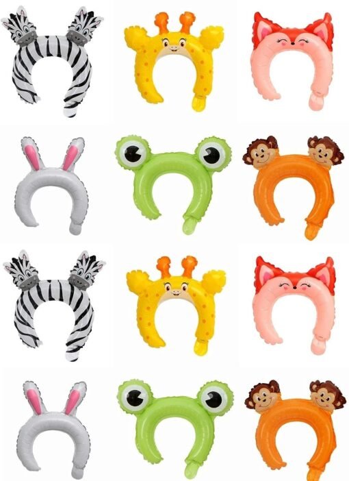 Animal Theme Foil Balloons Headbands, Jungle Theme (Monkey, Bunny, Giraffe, Zebra, Cat, Frog) Multicolor Pack of 12