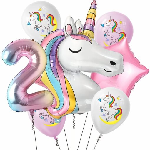 Unicorn Theme 2nd Birthday Decorations Kit for Kids, Girls Birthday Parties Decorations Set of 7 Pcs Unicorn Happy Birthday Decorations for 2 Year Girls