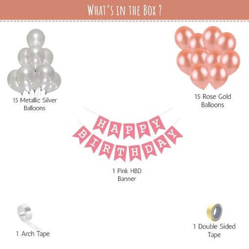  Car theme birthday decoration items kit for girls, boys, husband, wife with rose gold and metallic silver color balloons arch and Pink birthday banner- Set of 33 Items - Image 2
