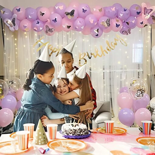 Birthday Decoration butterfly theme DIY Combo Kit with white net Curtain cloth and Fairy Lights - 83 pc , Pink and Purple Balloons, LED, Garland Arch strip, backdrop , princess , for girls - Image 4