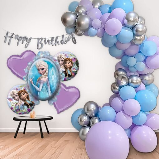  Frozen Theme Birthday Decoration Items for girls DIY Combo Kit item with Purple, Blue & Silver Balloons, Frozen theme Foil balloon & HBD banner|| Princess Elsa theme || Pack of - 69 Items
