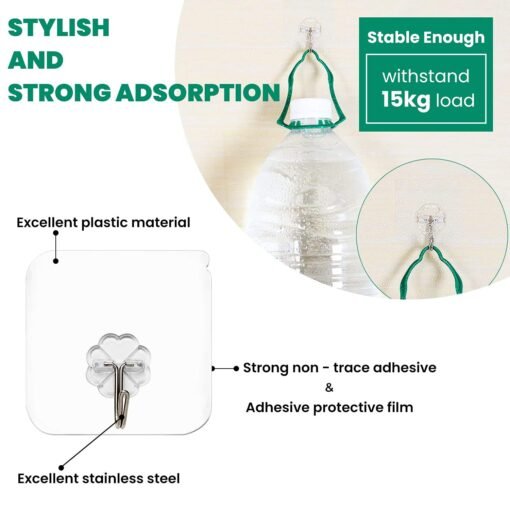 Waterproof Stick on Adhesive Stronger Plastic Wall Hooks Hangers for Hanging Robe, Coat, Towel, Keys, Bags, Lights, Calendars, Max Load 15 kg - Pack of 10, Transparent - Image 2
