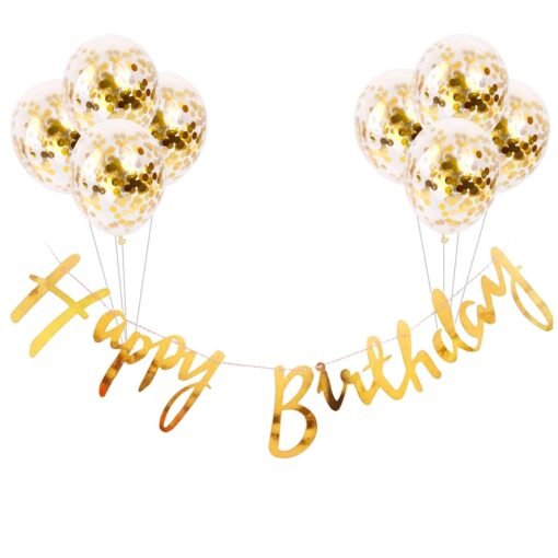 Happy Birthday Banner With Golden Confetti Balloons For Decoration - 9 Items Combo Set for Husband Wife Birthday Decorations Items/Golden balloons for birthday Theme parties