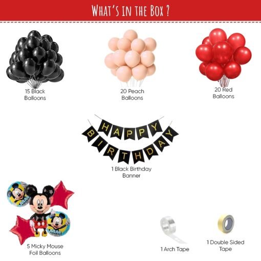mickey mouse birthday decoration items combo for boys, girls with mickey mouse foil balloon set, peach, black & red balloon mickey mouse theme party decoration items- Set of 63 Items - Image 2