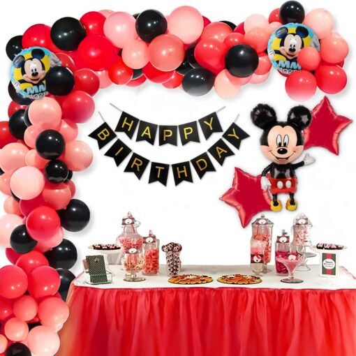mickey mouse birthday decoration items combo for boys, girls with mickey mouse foil balloon set, peach, black & red balloon mickey mouse theme party decoration items- Set of 63 Items