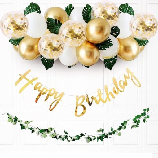 Golden Birthday Decoration Items - 36Pcs Happy Birthday Decoration Kit With Golden Balloons & Artificial Leaves | Golden Confetti Balloons for Birthday | Happy Birthday Banner (Cardstock)