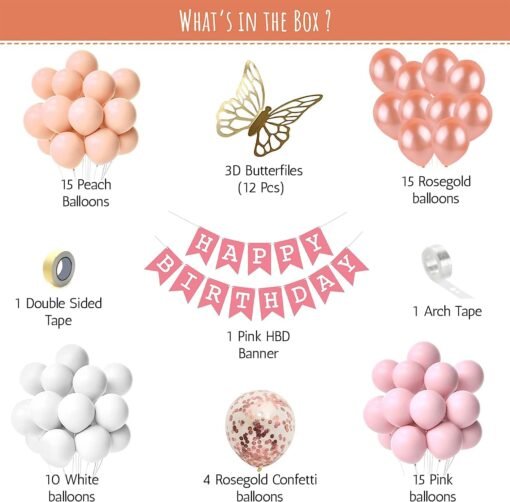 Pink theme birthday decoration items kit for girls with 3D Golden Butterfly stickers, Pink, Peach, Rosegold, white and Rosegold Confetti party balloons- Set of 79 Items - Image 2