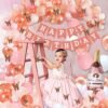 Pink theme birthday decoration items kit for girls with 3D Golden Butterfly stickers, Pink, Peach, Rosegold, white and Rosegold Confetti party balloons- Set of 79 Items