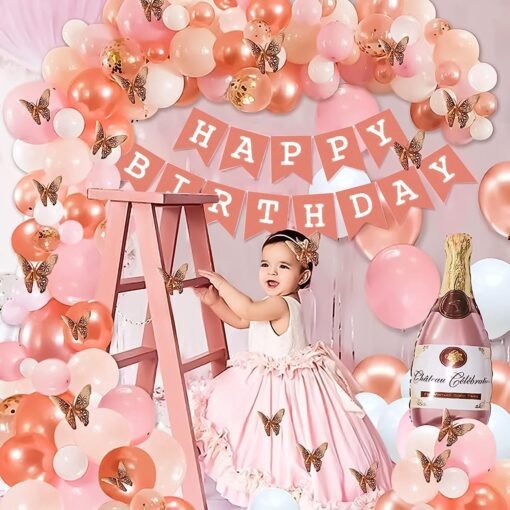 Pink theme birthday decoration items kit for girls with 3D Golden Butterfly stickers, Pink, Peach, Rosegold, white and Rosegold Confetti party balloons- Set of 79 Items