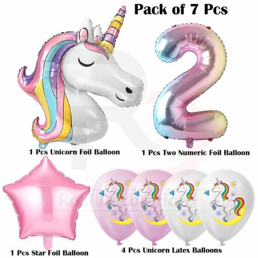 Unicorn Theme 2nd Birthday Decorations Kit for Kids, Girls Birthday Parties Decorations Set of 7 Pcs Unicorn Happy Birthday Decorations for 2 Year Girls - Image 2