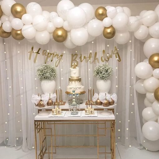  69 pcs white gold birthday decoration items with tulle white net Curtain cloth backdrop happy birthday banner - Image 5