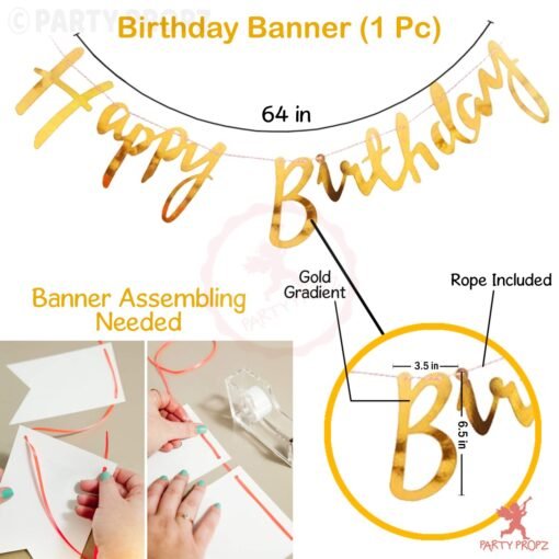 Happy Birthday Banner With Golden Confetti Balloons For Decoration - 9 Items Combo Set for Husband Wife Birthday Decorations Items/Golden balloons for birthday Theme parties - Image 3