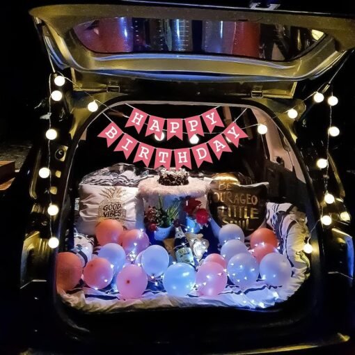  Car theme birthday decoration items kit for girls, boys, husband, wife with rose gold and metallic silver color balloons arch and Pink birthday banner- Set of 33 Items
