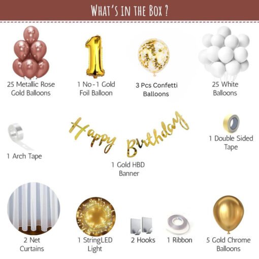 Happy Birthday Decoration Items with rose gold and white balloons- Pack of 68 Items rose gold, white, gold Pack of -68 - Image 2