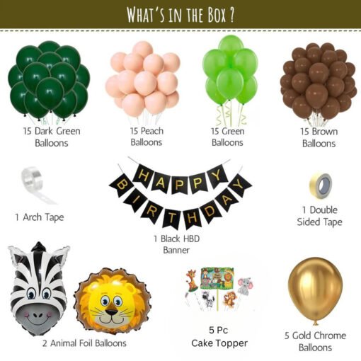 Jungle theme birthday decoration items with animal foil balloons- 75 Items Golden, Dark green, Peach, Light green and Brown Pack of -75 - Image 2