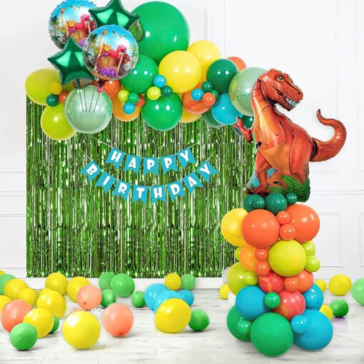 Dinosaur Theme Happy Birthday Decorations Items for Boys Green Blue Orange Yellow Pack of -57