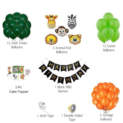 Jungle Theme Birthday Decoration Kit for Kids Party Decor Green, Orange Pack of -44 - Image 2
