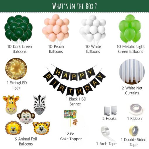 Jungle Theme DIY Birthday Decoration Items for Kids Party Décor with White Net Curtains and Fairy Lights Backdrop Green, Peach, White , Light Green Pack of -56 - Image 2