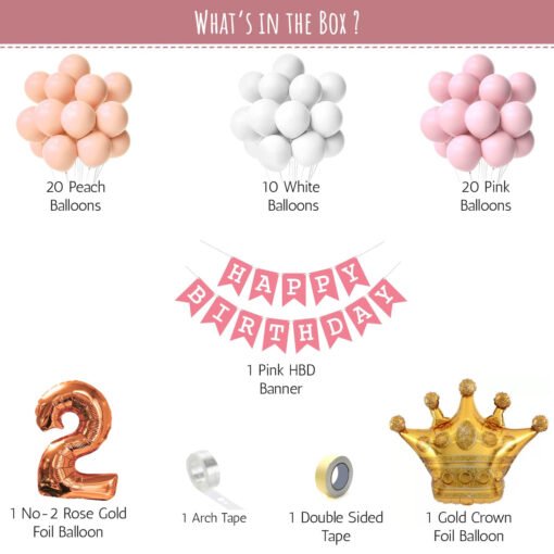 2nd Birthday Decoration items kit for girls with pastel balloons- 55 Items Pink, Peach, White and Golden Pack of -55 - Image 2
