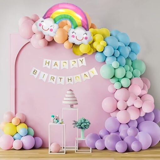 Pastel Rainbow Theme Happy Birthday Decoration Items DIY Kit Pastel Pink, Blue, Purple, Peach, Yellow and Green Pack of -64