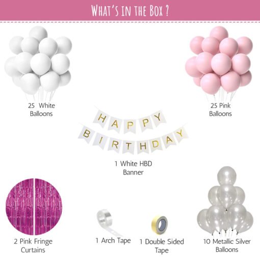 Pink and white theme birthday decoration items with fringe curtain Pink, White and silver Pack of -65 - Image 2