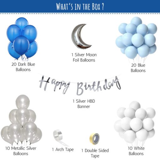 Moon theme Birthday Decoration Items for Boys Blue, Silver and white  Pack of -64 - Image 2