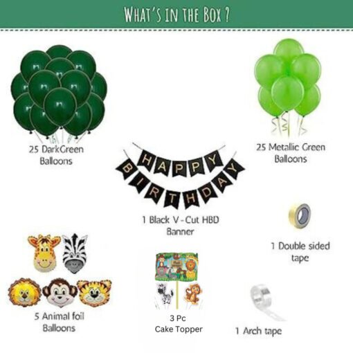 Jungle theme birthday decoration for kids with jungle faces foil balloon. Green Pack of -61 - Image 2