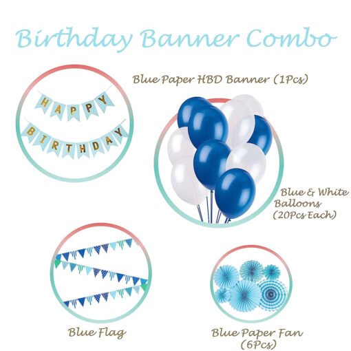 Blue Theme Birthday decoration items with paper flag and fans- 28 Items blue and white Pack of -28 - Image 2