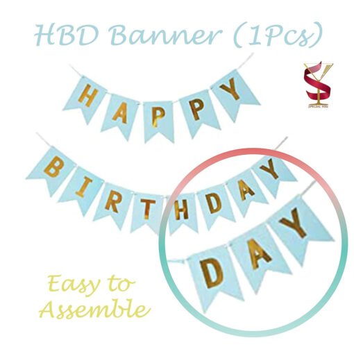 Blue Theme Birthday decoration items with paper flag and fans- 28 Items blue and white Pack of -28 - Image 3