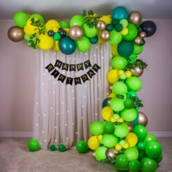Jungle theme birthday decoration items with green and yellow balloons- 64 Items Green, Gold and Yellow Pack of -64