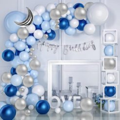 Moon theme Birthday Decoration Items for Boys Blue, Silver and white  Pack of -64
