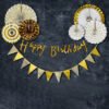 Golden theme birthday decoration items with Paper fans and flag set Golden Pack of -9