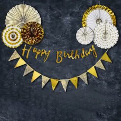 Golden theme birthday decoration items with Paper fans and flag set Golden Pack of -9