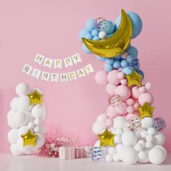 Pastel Balloons Birthday decoration items with moon and star foil balloons- 68 Items Pink, Blue, White Pack of -68