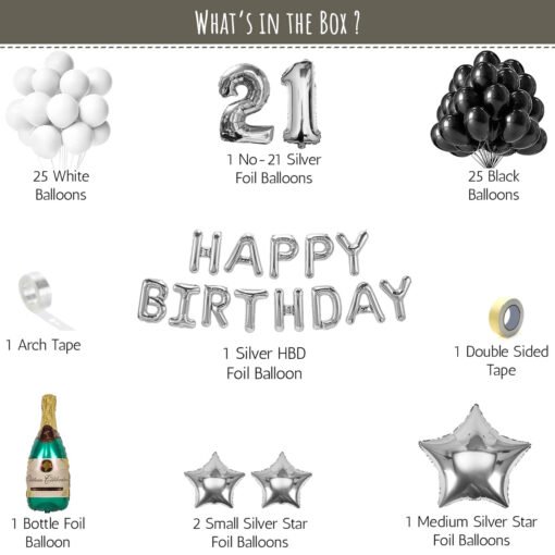 21st Birthday decoration set for him  her | Star & Bottle foil balloons Silver , Black & white  Pack of -71 - Image 2