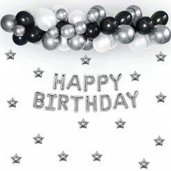 Black & White Birthday Decoration items with silver star foil balloons Silver black white Pack of -43