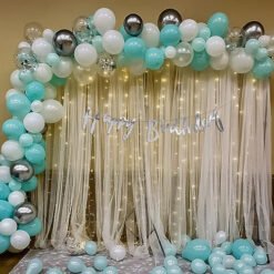 Mint Green Theme birthday decoration items with curtain and LED light Mint Green and Silver Pack of -73