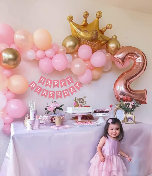 2nd Birthday Decoration items kit for girls with pastel balloons- 55 Items Pink, Peach, White and Golden Pack of -55