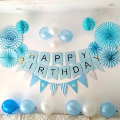 Blue Theme Birthday decoration items with paper flag and fans- 28 Items blue and white Pack of -28