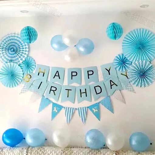 Blue Theme Birthday decoration items with paper flag and fans- 28 Items blue and white Pack of -28