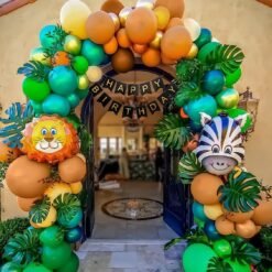 Jungle theme birthday decoration items with animal foil balloons- 75 Items Golden, Dark green, Peach, Light green and Brown Pack of -75
