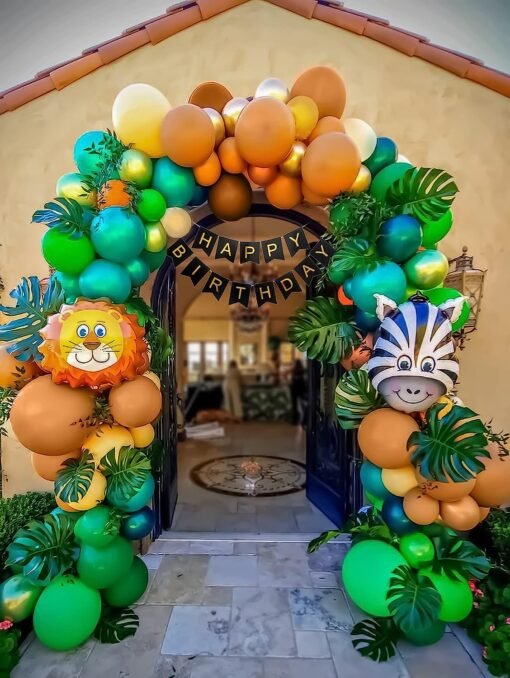 Jungle theme birthday decoration items with animal foil balloons- 75 Items Golden, Dark green, Peach, Light green and Brown Pack of -75