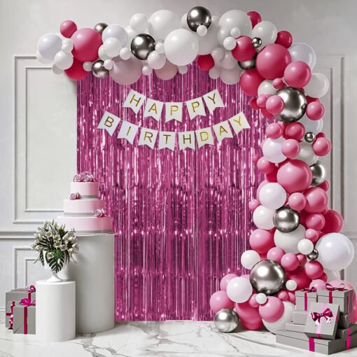 Pink and white theme birthday decoration items with fringe curtain Pink, White and silver Pack of -65