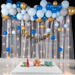 Happy Birthday Decoration Items with Blue color theme and backdrop curtain Gray, Blue and Gold Pack of -76