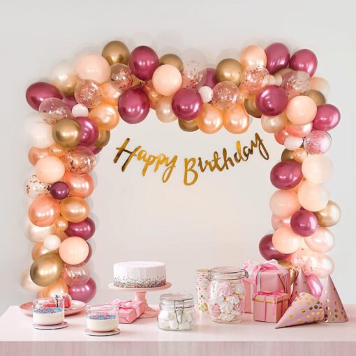Birthday decoration items with burgundy and peach balloons- 73 Items Pink, peach and burgundy Pack of -53