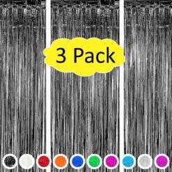Black metallic fringe curtain (pack of 3) for party backdrop Black Pack of -3
