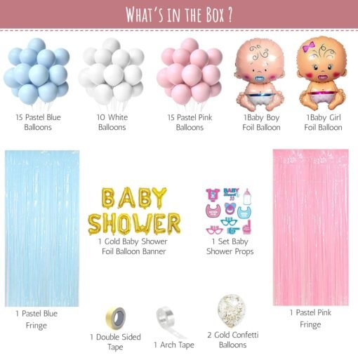 Baby Shower Balloon Party Decoration Items with Fringe Curtains for Baby Boy and Girl Pink Blue White Golden Pack of -50 - Image 2
