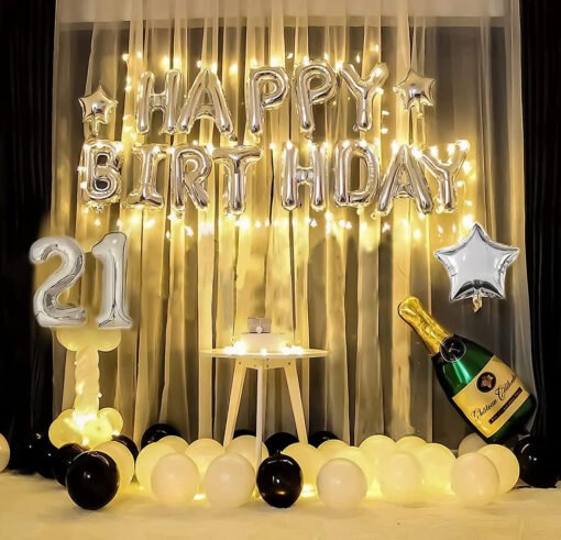 21st Birthday decoration set for him  her | Star & Bottle foil balloons Silver , Black & white  Pack of -71
