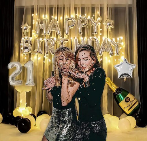 21st Birthday decoration set for him  her | Star & Bottle foil balloons Silver , Black & white  Pack of -71 - Image 7