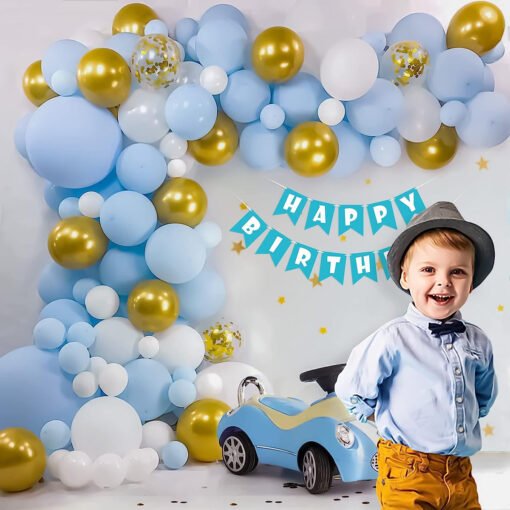 Pastel Theme Birthday decoration for Kids with happy birthday banner Blue, gold and white Pack of -63